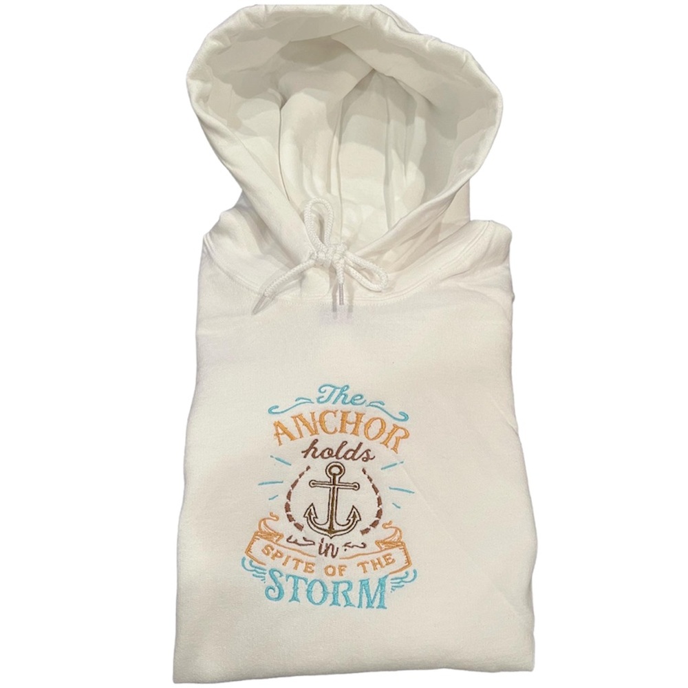 Home Made Embroidery-The Anchor Holds In Spite Of The Storm White Hoodie